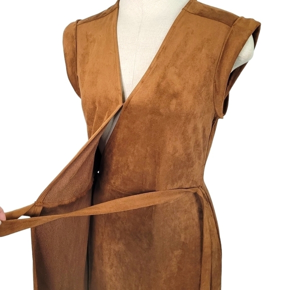 Banana Republic Faux Suede Sleeveless Knee-Length Wrap Dress Sz 2 Petite Brown - Picture 7 of 11